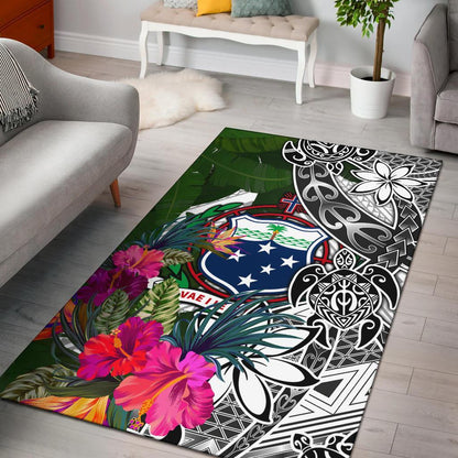 Samoa Area Rug White - Turtle Plumeria Banana Leaf