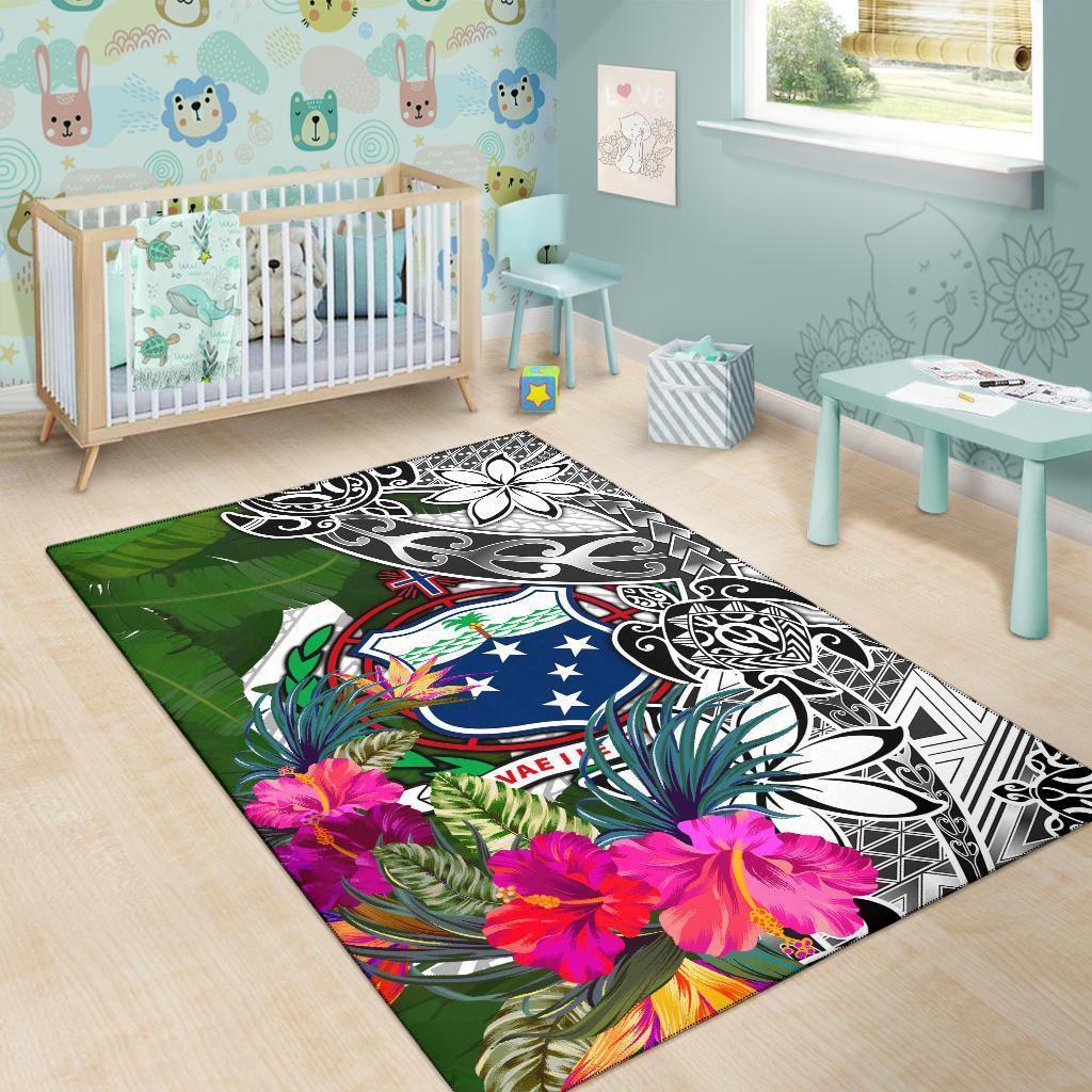 Samoa Area Rug White - Turtle Plumeria Banana Leaf