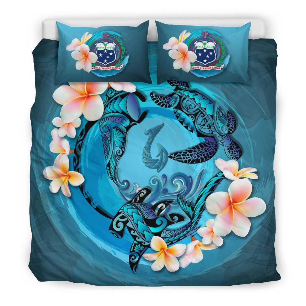 Polynesian Duvet Cover Set - Samoa Bedding Set Blue Plumeria Animal Tattoo