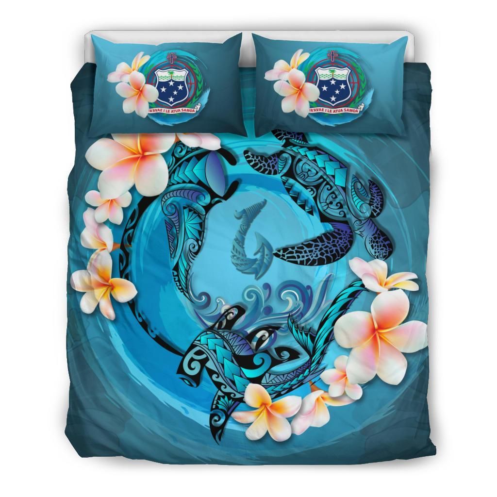 Polynesian Duvet Cover Set - Samoa Bedding Set Blue Plumeria Animal Tattoo