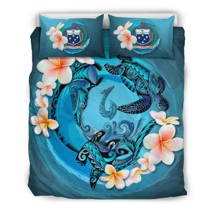 Polynesian Duvet Cover Set - Samoa Bedding Set Blue Plumeria Animal Tattoo