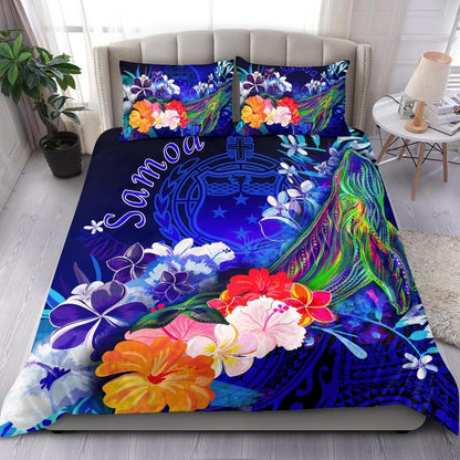 Samoa Bedding Set - Humpback Whale With Tropical Flowers (Blue)