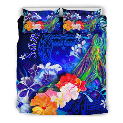 Samoa Bedding Set - Humpback Whale With Tropical Flowers (Blue)