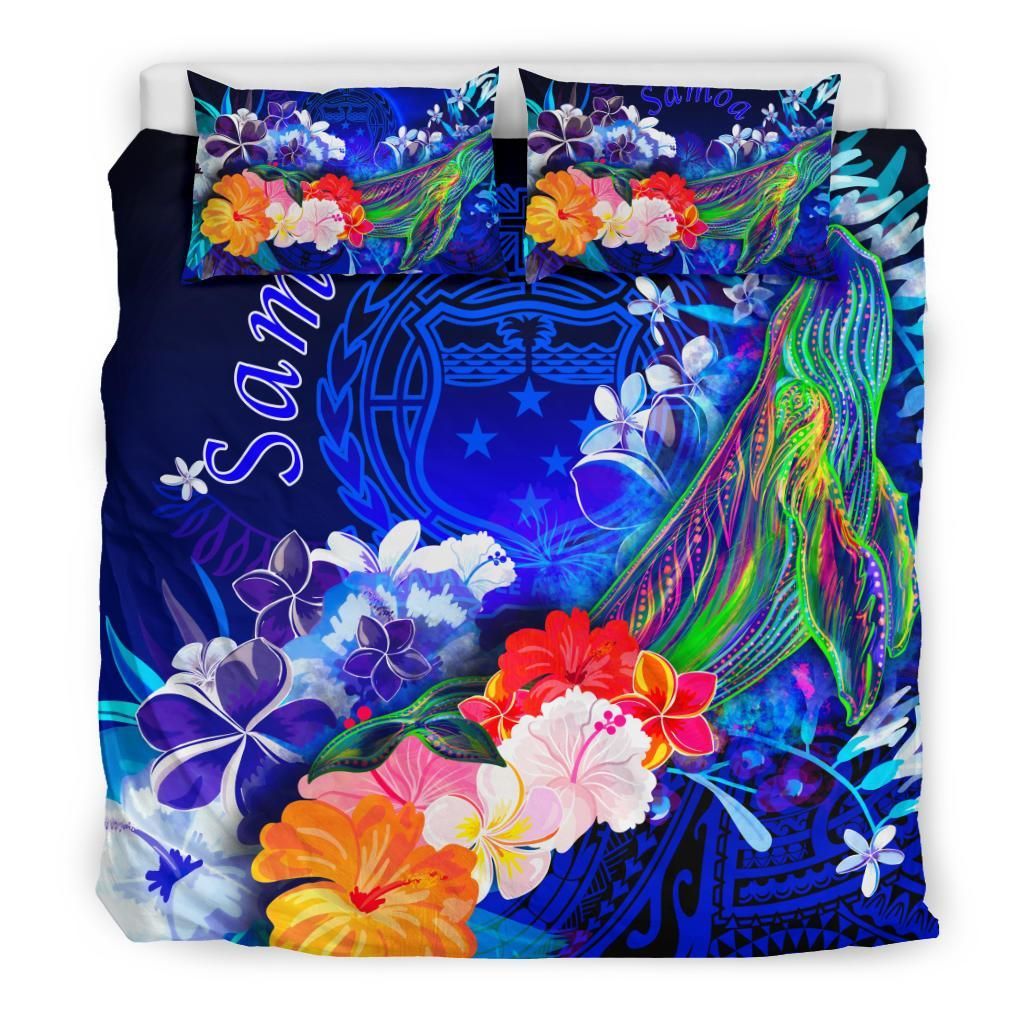 Samoa Bedding Set - Humpback Whale With Tropical Flowers (Blue)