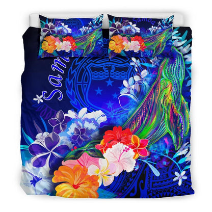 Samoa Bedding Set - Humpback Whale With Tropical Flowers (Blue)