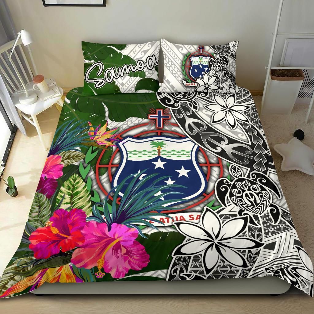 Samoa Bedding Set White - Turtle Plumeria Banana Leaf