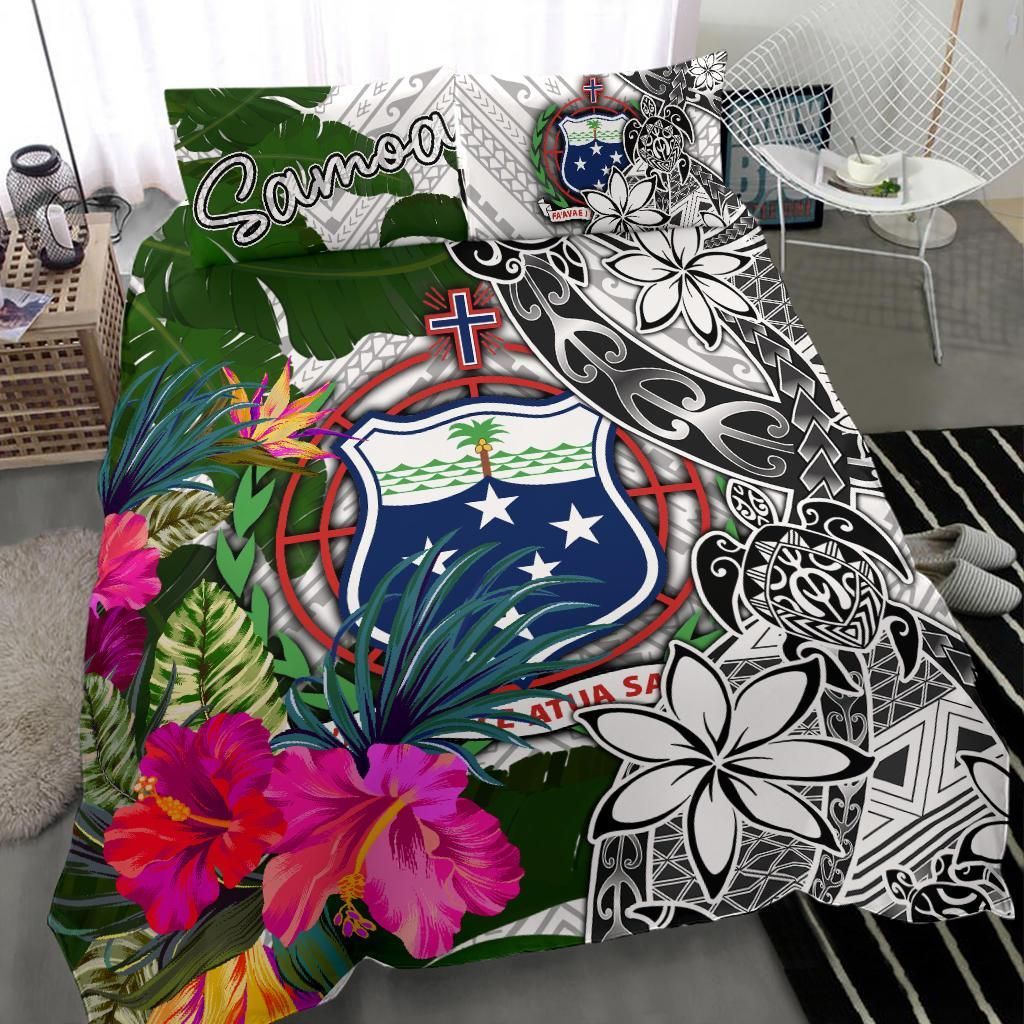 Samoa Bedding Set White - Turtle Plumeria Banana Leaf