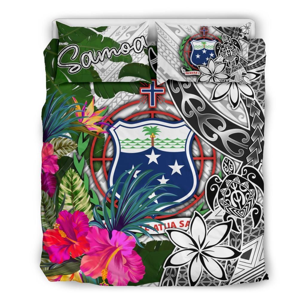 Samoa Bedding Set White - Turtle Plumeria Banana Leaf
