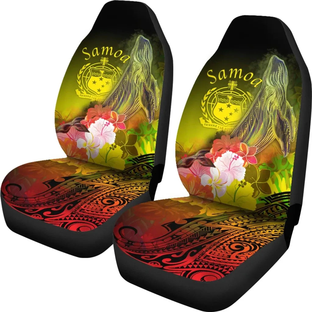 Samoa Car Seat Covers- Humpback Whale with Tropical Flowers (Yellow)