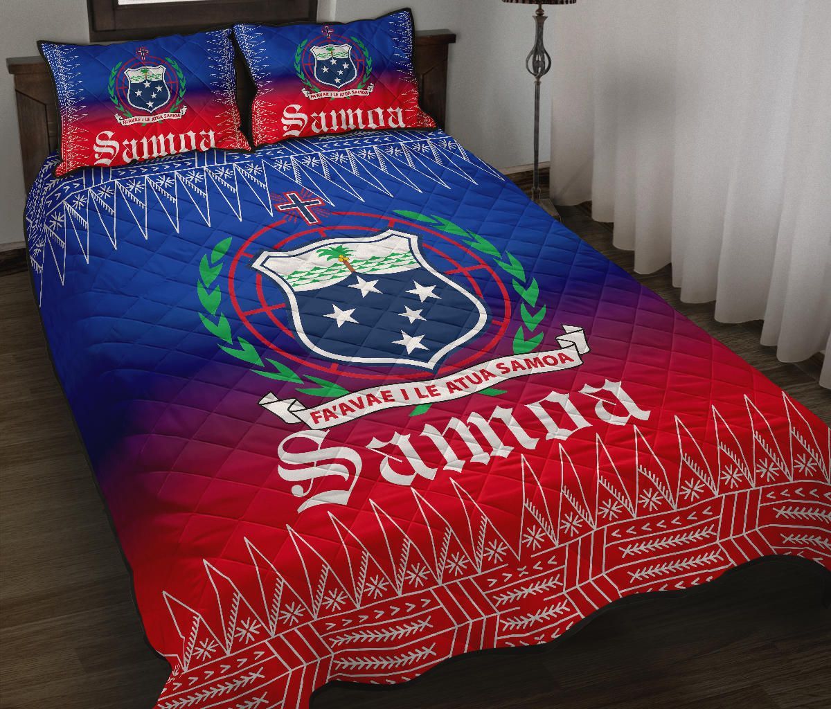 Samoa Quilt Bed Set - Samoa Coat of Arms Red Blue Version