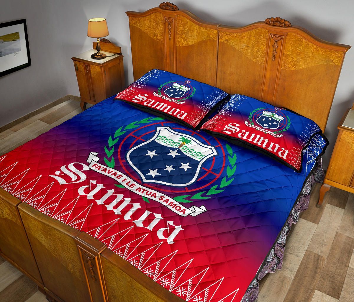 Samoa Quilt Bed Set - Samoa Coat of Arms Red Blue Version