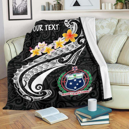 Samoa Custom Personalised Premium Blanket- Samoa Seal  Polynesian Patterns Plumeria (Black)