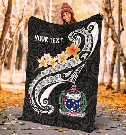 Samoa Custom Personalised Premium Blanket- Samoa Seal  Polynesian Patterns Plumeria (Black)