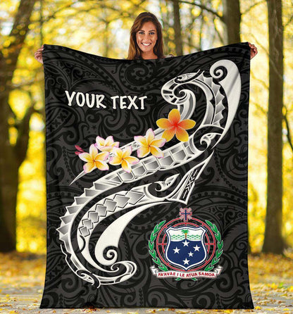Samoa Custom Personalised Premium Blanket- Samoa Seal  Polynesian Patterns Plumeria (Black)