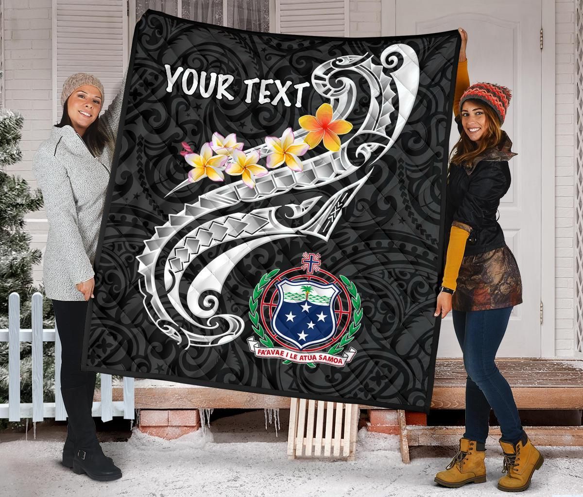 Samoa Custom Personalised Premium Quilt - Samoa Seal  Polynesian Patterns Plumeria (Black)