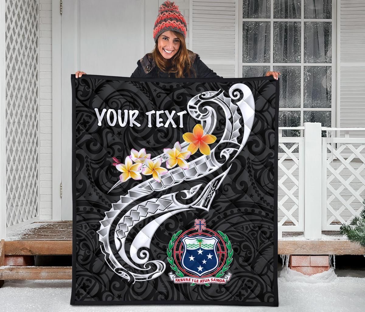 Samoa Custom Personalised Premium Quilt - Samoa Seal  Polynesian Patterns Plumeria (Black)