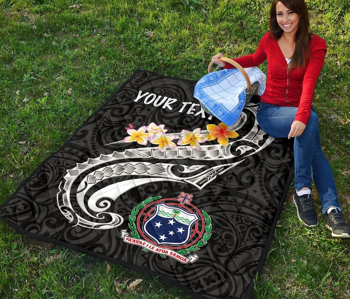 Samoa Custom Personalised Premium Quilt - Samoa Seal  Polynesian Patterns Plumeria (Black)