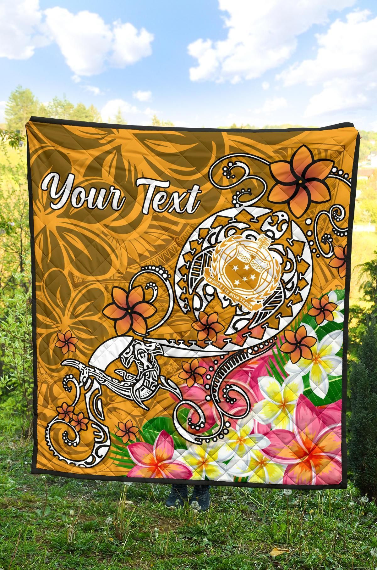Samoa Custom Personalised Premium Quilt - Turtle Plumeria (Gold)