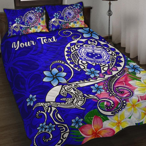 Samoa Custom Personalised Quilt Bed Set - Turtle Plumeria (Blue)