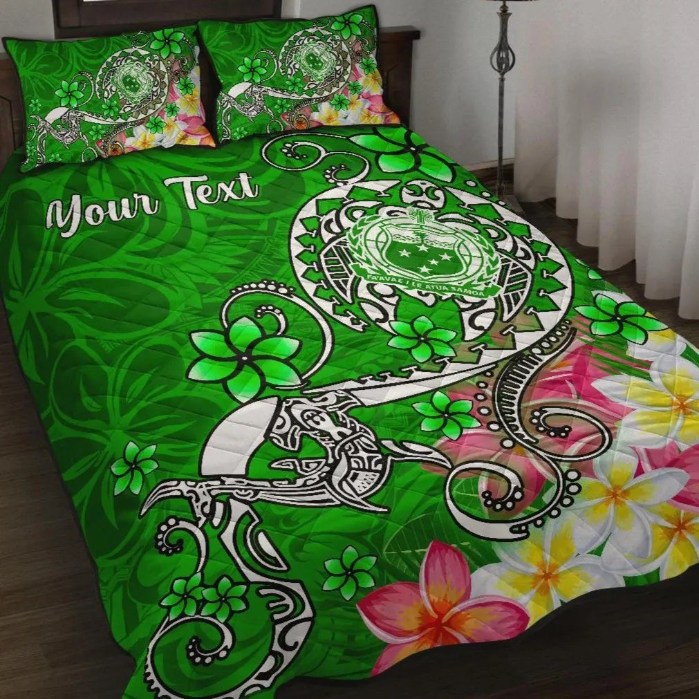 Samoa Custom Personalised Quilt Bed Set - Turtle Plumeria (Green)