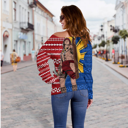Philippines Filipinos Off Shoulder Sweatshirt Polynesian Pattern With Lapu-Lapu Hero