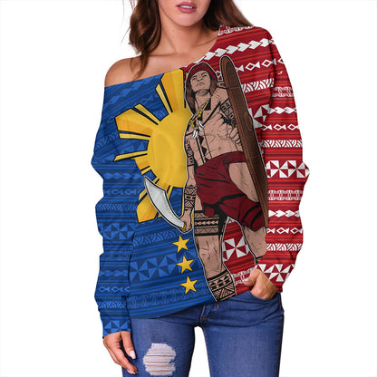 Philippines Filipinos Off Shoulder Sweatshirt Polynesian Pattern With Lapu-Lapu Hero