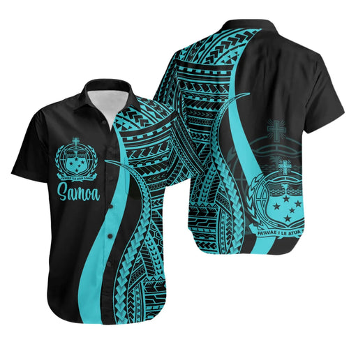 Samoa Short Sleeve Shirt - Turquoise Polynesian Tentacle Tribal Pattern