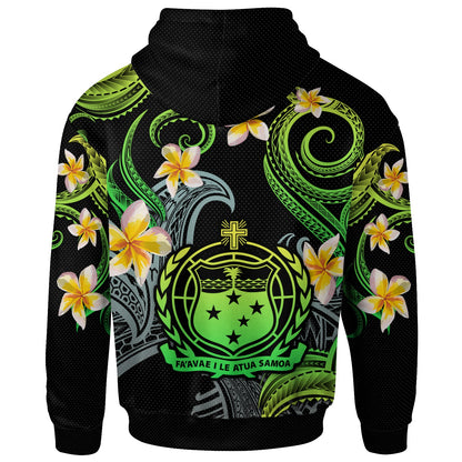 Samoa Hoodie - Custom Personalised Polynesian Waves with Plumeria Flowers (Green)