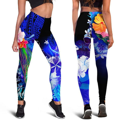 Samoa Legging - Humpback Whale with Tropical Flowers (Blue)
