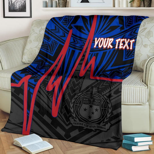 Samoa Personalised Premium Blanket - Samoa Seal With Polynesian Patterns In Heartbeat Style (Blue)
