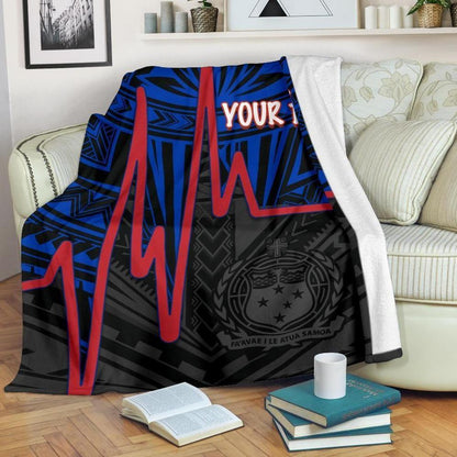 Samoa Personalised Premium Blanket - Samoa Seal With Polynesian Patterns In Heartbeat Style (Blue)