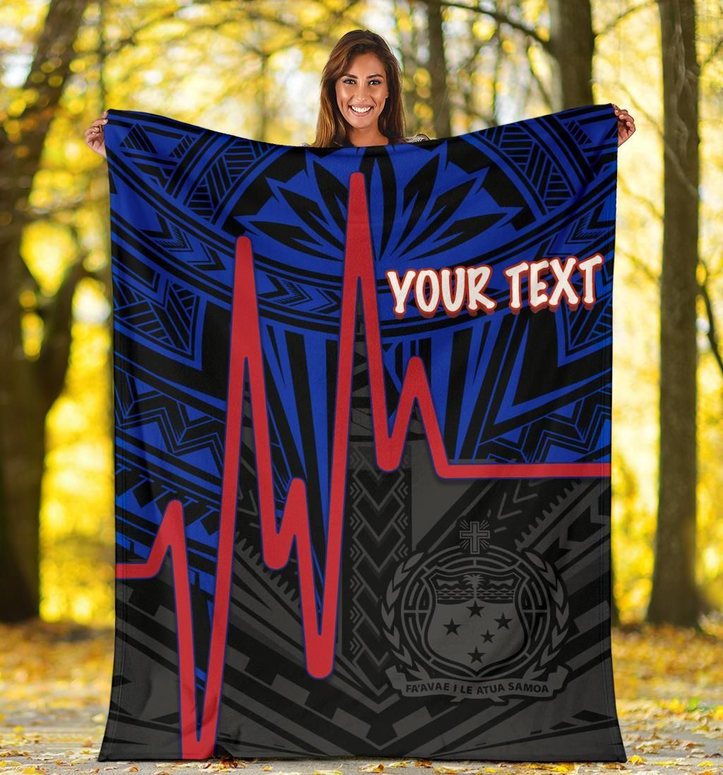 Samoa Personalised Premium Blanket - Samoa Seal With Polynesian Patterns In Heartbeat Style (Blue)