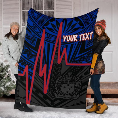 Samoa Personalised Premium Blanket - Samoa Seal With Polynesian Patterns In Heartbeat Style (Blue)