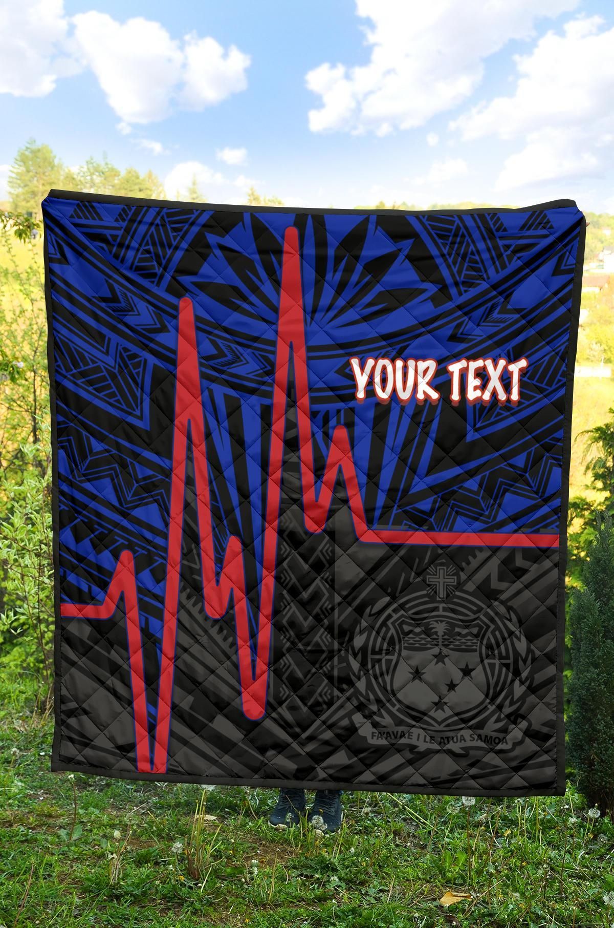 Samoa Personalised Premium Quilt - Samoa Seal With Polynesian Patterns In Heartbeat Style (Blue)