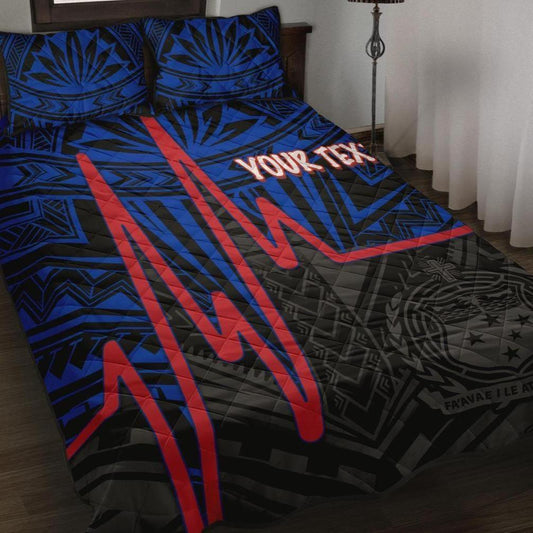 Samoa Personalised Quilt Bed Set - Samoa Seal With Polynesian Patterns In Heartbeat Style(Blue)