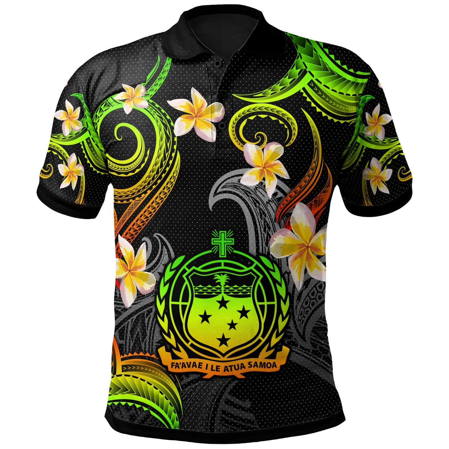 Samoa Polo Shirt - Custom Personalised Polynesian Waves with Plumeria Flowers (Reggae)