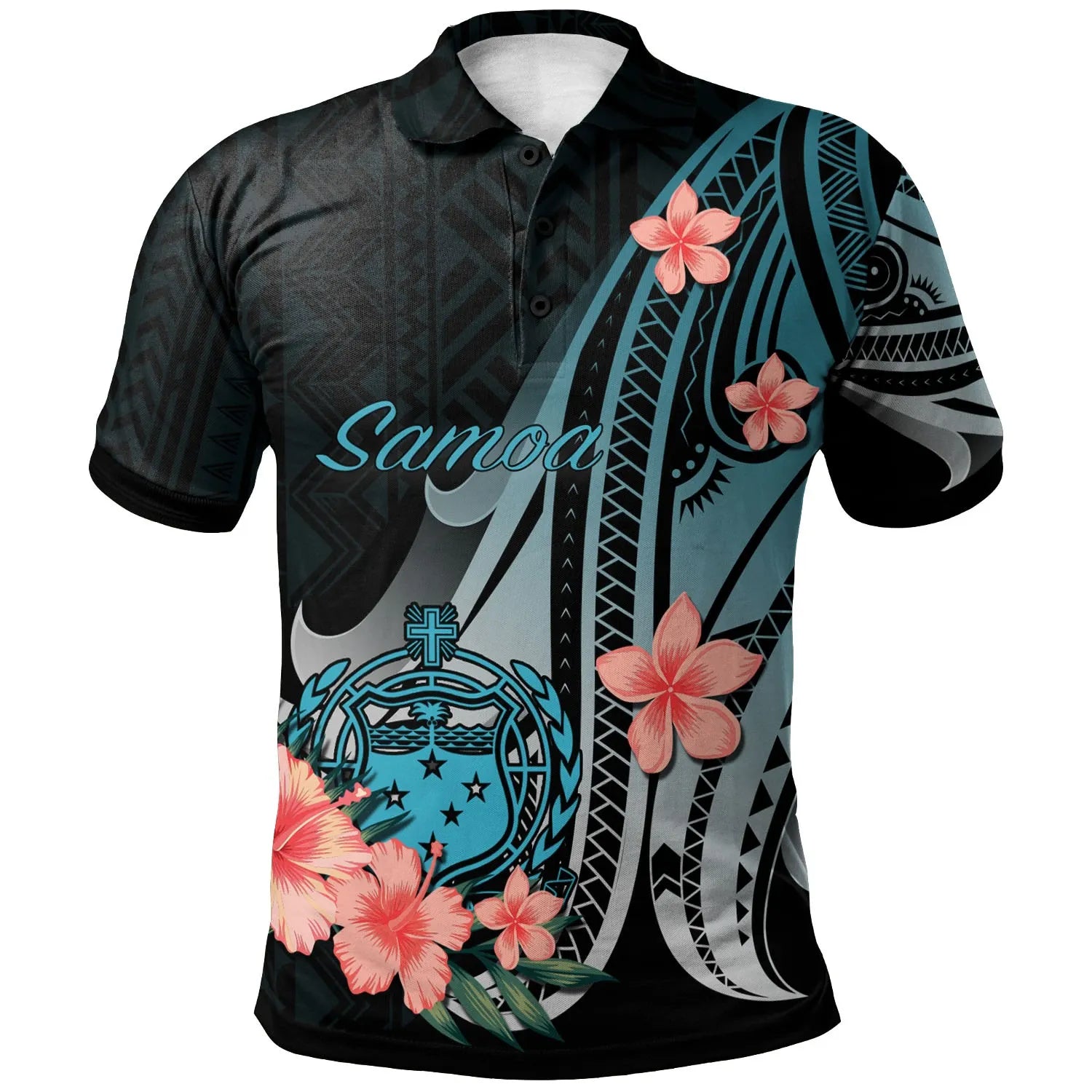 Samoa Polo Shirt - Turquoise Polynesian Hibiscus Pattern Style