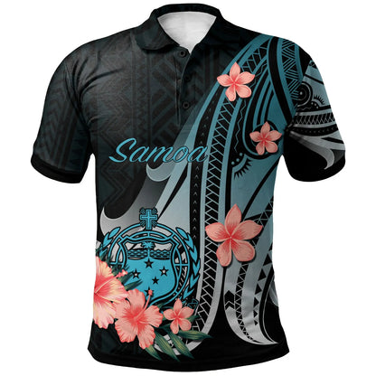Samoa Polo Shirt - Turquoise Polynesian Hibiscus Pattern Style