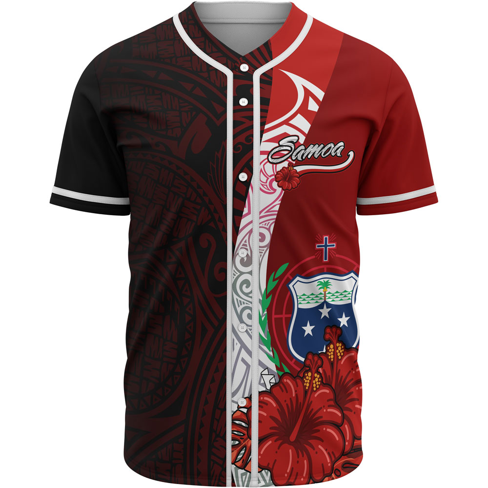 Samoa Polynesian Baseball Shirt - Coat Of Arm With Hibiscus