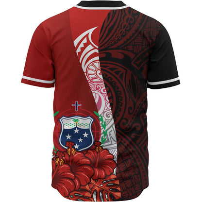 Samoa Polynesian Baseball Shirt - Coat Of Arm With Hibiscus