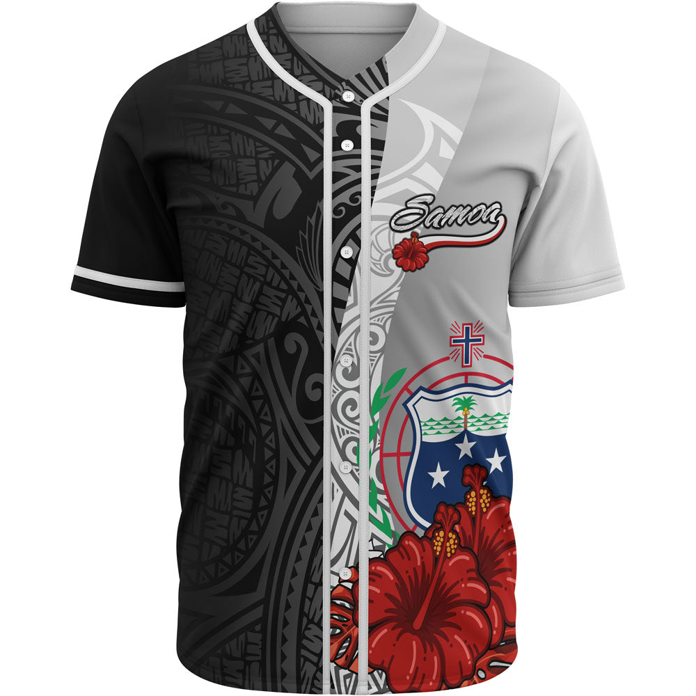 Samoa Polynesian Baseball Shirt - Coat Of Arm With Hibiscus White