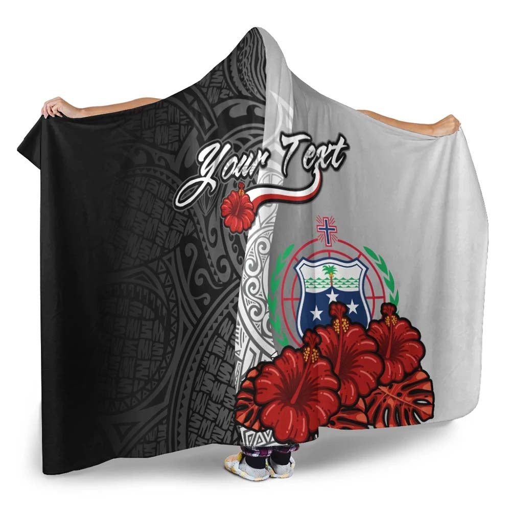 Samoa Polynesian Custom Personalised Hooded Blanket- Coat Of Arm With Hibiscus White