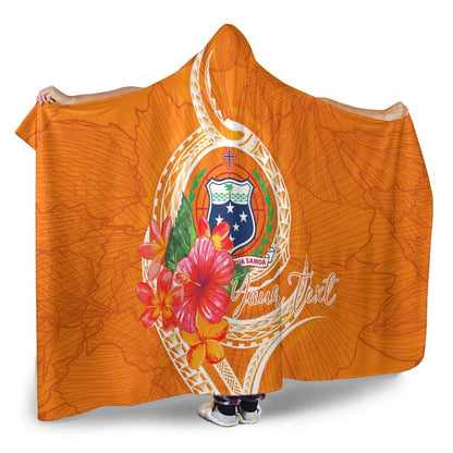 Samoa Polynesian Custom Personalised Hooded Blanket - Orange Floral With Seal