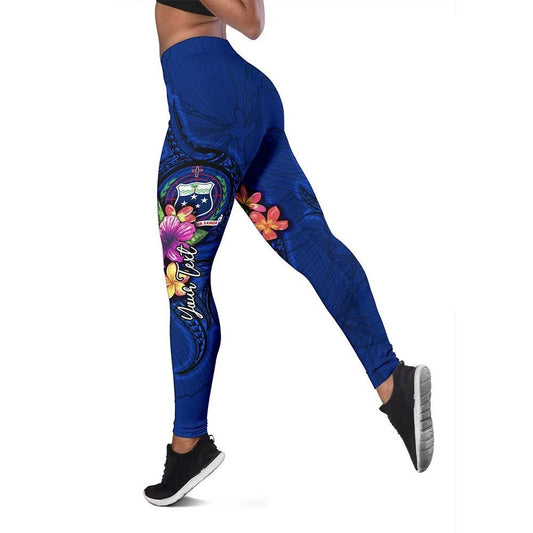 Samoa Polynesian Custom Personalised Legging - Floral With Seal Blue