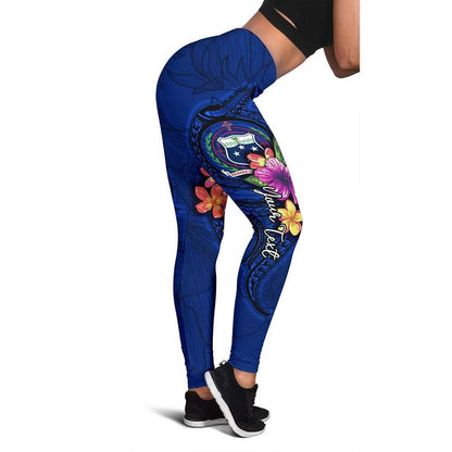 Samoa Polynesian Custom Personalised Legging - Floral With Seal Blue