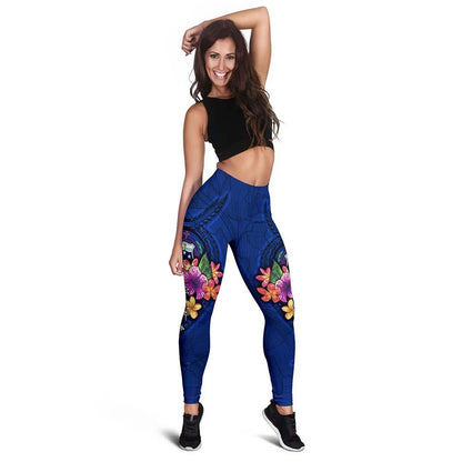 Samoa Polynesian Custom Personalised Legging - Floral With Seal Blue
