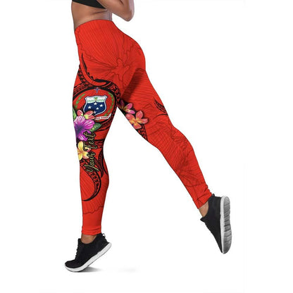 Samoa Polynesian Custom Personalised Legging - Floral With Seal Red