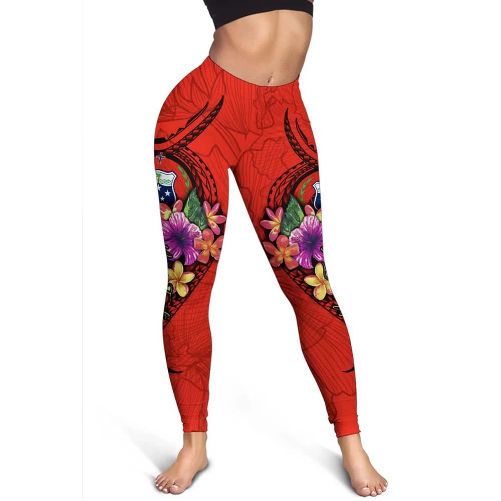 Samoa Polynesian Custom Personalised Legging - Floral With Seal Red