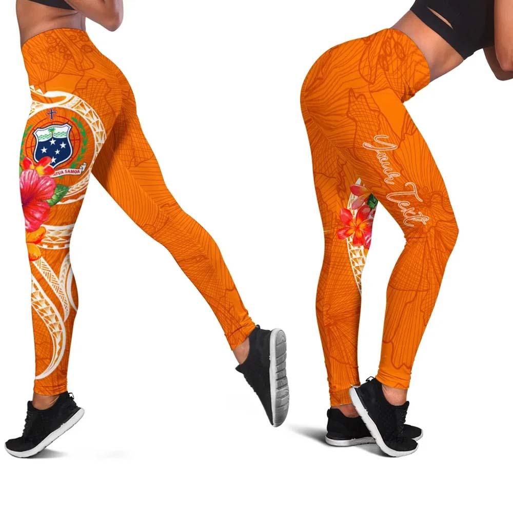 Samoa Polynesian Custom Personalised Legging - Orange Floral With Seal