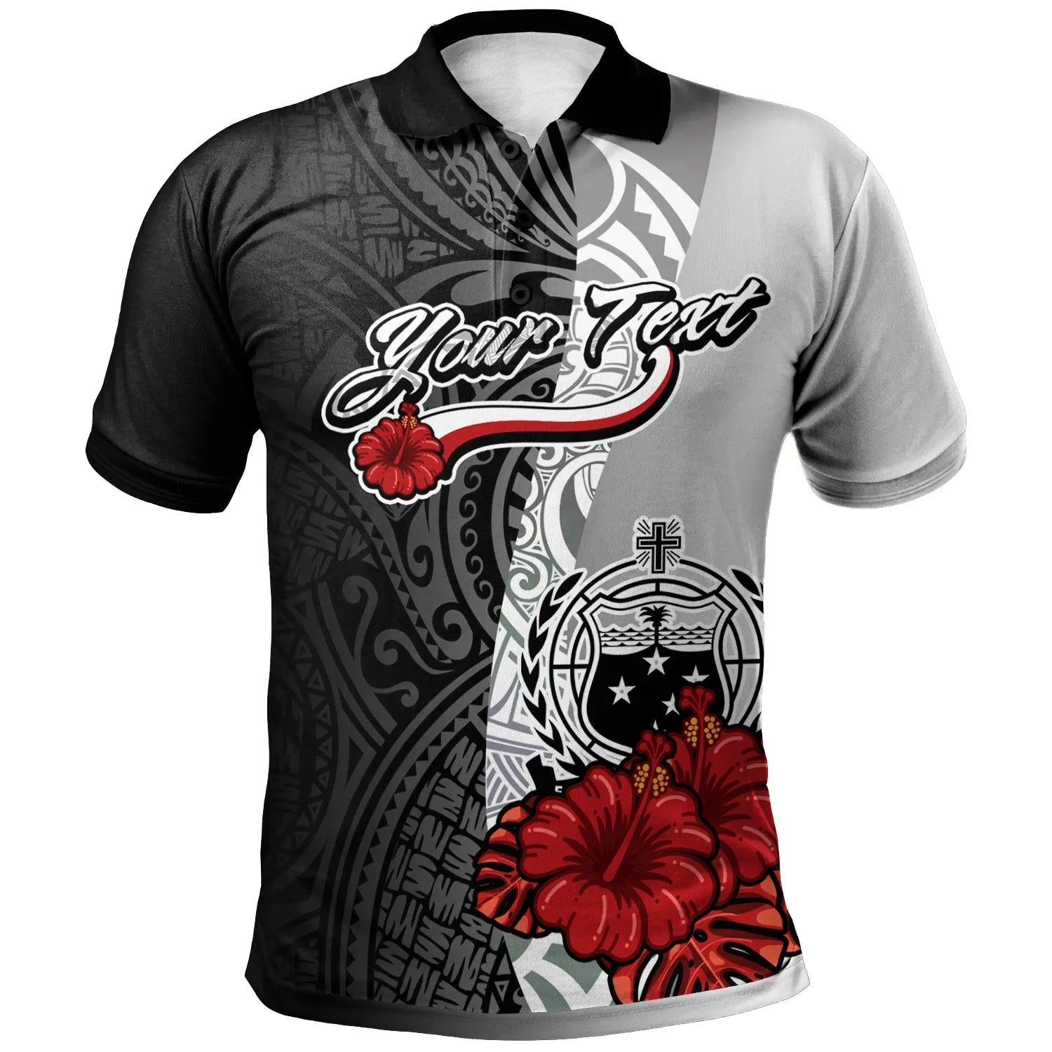 Samoa Polynesian Custom Personalised Polo Shirt - Coat Of Arm With Hibiscus White